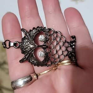 Owl necklace gun medal tone clear  eyes branch 13" drop